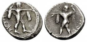 LUCANIA. Poseidonia. Circa 445-420 BC. Obol (Silver, 8.5 mm, 0.57 g, 12 h). ΠΟΣ Poseidon striding to right, brandishing trident and with chlamys over ...