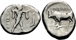 LUCANIA. Poseidonia. Circa 410-350 BC. Nomos (Silver, 21.5 mm, 7.41 g, 4 h). ΠΟΣΕΙΔΩN Poseidon striding to right, brandishing trident and with chlamys...