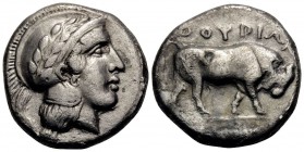 LUCANIA. Thourioi. Circa 443-400 BC. Nomos (Silver, 19.5 mm, 7.67 g, 4 h). Head ofAthena to right, wearing an Attic helmet ornamented with an olive br...