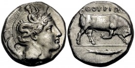 LUCANIA. Thourioi. Circa 400-350 BC. Distater (Silver, 25 mm, 15.59 g, 3 h). Head of Athena to right, wearing an Attic helmet adorned on the bowl, wit...