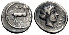 BRUTTIUM. Kaulonia. Circa 475-470 BC. Diobol (Silver, 11 mm, 0.87 g, 7 h). KAYLON-IA Head of youthful river god to right. Rev. Stag standing right. BM...