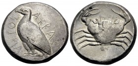 SICILY. Akragas. Circa 465/4-446 BC. Tetradrachm (Silver, 25 mm, 17.04 g, 1 h), period II. ΑΚΡΑC - ΑΝΤΟΣ ( partially retrograde ) Eagle standing left ...