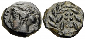 SICILY. Himera. Circa 415-409 BC. Hemilitron (Bronze, 15 mm, 3.10 g, 7 h). IM-[E] Head of nymph to left, with six pellets (value mark) to left. Rev. V...