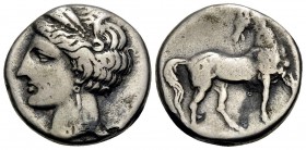CARTHAGE. First Punic War. Circa 264-241 BC. Shekel (Silver, 18 mm, 4.81 g, 1 h), Carthage. Wreathed head of Tanit to left, wearing wreath and single-...