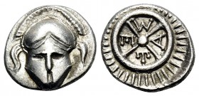 THRACE. Mesembria. Circa 4th Century BC. Diobol (Silver, 11 mm, 1.26 g, 6 h). Facing crested Corinthian helmet. Rev. META within radiate wheel of four...