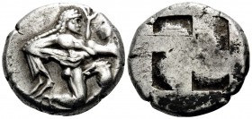 ISLANDS OFF THRACE, Thasos. Circa 500-463 BC. Stater (Silver, 21 mm, 9.68 g). Nude, ithyphallic and bearded satyr moving right in the archaic ‘running...