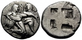 ISLANDS OFF THRACE, Thasos. Circa 500-463 BC. Stater (Silver, 21 mm, 9.27 g). Nude, ithyphallic and bearded satyr moving right in the archaic ‘running...