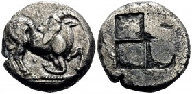 THRACO-MACEDONIAN TRIBES, Mygdones or Krestones. Circa 490-485 BC. Stater (Silver, 19 mm, 9.12 g). Goat kneeling right on pelleted ground line, his he...