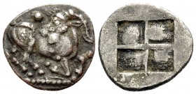 THRACO-MACEDONIAN TRIBES, Mygdones or Krestones. Circa 490-485 BC. 1/8 Stater (Silver, 11 mm, 0.93 g). Goat kneeling right on pelleted ground line, hi...