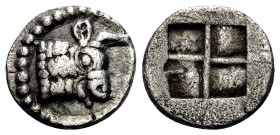 MACEDON. Akanthos. Crca 500-470 BC. Hemiobol (Silver, 8.5 mm, 0.44 g). Bull's protome to right. Rev. Quadripartite incuse square. SNG ANS 51. SNG Ashm...