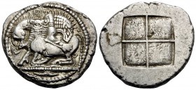 MACEDON. Akanthos. Circa 478-465 BC. Tetradrachm (Silver, 29 mm, 17.22 g), c. 470. Lion to right, attacking bull, collapsing to left with head raised ...