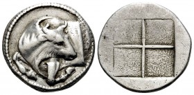 MACEDON. Akanthos. Circa 470-390 BC. Tetrobol (Silver, 16.5 mm, 2.62 g), c. 450. Forepart of bull to left, his head turned back to right. Rev. Quadrip...