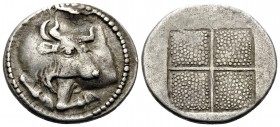 MACEDON. Akanthos. Circa 430-390 BC. Tetrobol (Silver, 16 mm, 2.29 g). Forepart of bull to left, his head turned back to right; above, flower. Rev. Qu...