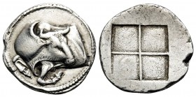 MACEDON. Akanthos. Circa 430-390 BC. Tetrobol (Silver, 16.5 mm, 2.60 g). Forepart of bull to left, his head turned back to right. Rev. Quadripartite i...