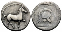 KINGS OF MACEDON. Perdikkas II, 451-413 BC. Tetrobol (Silver, 14.5 mm, 2.03 g, 12 h). Horse walking slowly to right. Rev. Crested Illyrian helmed to r...