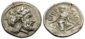THESSALY. Kierion. c. 350 BC. Trihemiobol (Silver, 14 mm, 1.28 g, 1 h). Laureate head of Zeus to right. Rev. ΚΙΕΡΙ-ΕΙΩΝ The nymph Arne, kneeling to ri...
