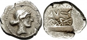 THESSALY. Larissa. Circa 479-465 BC. Obol (Silver, 10.5 mm, 1.02 g, 9 h). Head of the nymph Larissa to right, her hair bound with a ribbon and tied at...