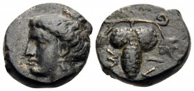 THESSALY. Meliboeia. Circa 352-344 BC. Chalkous (Bronze, 12.5 mm, 1.85 g, 9 h). Head of nymph to left, wearing earring. Rev. ΜΕ-ΛΙ Grape bunch on vine...