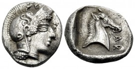 THESSALY. Pharsalos. Mid-late 5th century BC. Hemidrachm (Silver, 15 mm, 3.08 g, 2 h). Head of Athena to right, wearing drop earring and a crested Att...