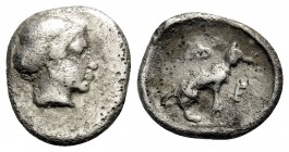 THESSALY. Pherai. Circa 360s-350s BC. Hemiobol (Silver, 8.5 mm, 0.41 g, 2 h). Head of Ennodia to right. Rev. Φ-Ε Hunting dog sitting to right. BCD 130...