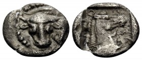 THESSALY. Skotussa. Circa 462/1-460 BC. Obol (Silver, 11.5 mm, 0.85 g, 6 h). Head and neck of bull to left, head facing; above, dolphin to right. Rev....