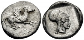 EPEIROS. Ambrakia. Circa 480-458 BC. Stater (Silver, 21 mm, 8.29 g, 2 h), c. 480s. A Pegasos with curved wings, flying to right. Rev. Head of Athena (...