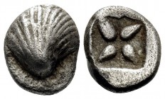 KORKYRA. Korkyra. Circa 510-480 BC. Obol (Silver, 8 mm, 0.80 g). Scallop shell. Rev. Star of four rays; all within incuse square. HGC 6, 57. SNG Copen...