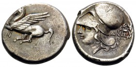 AKARNANIA. Anaktorion. Circa 350-300 BC. Stater (Silver, 21 mm, 8.28 g, 10 h). Pegasos flying left; below, monogram of AN. Rev. AN Helmeted head of At...