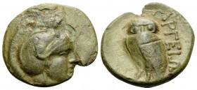 AKARNANIA. Argos Amphilochikon. 3rd century BC. Chalkous (Bronze, 15 mm, 2.21 g, 7 h). Head of Athena to right, wearing crested Attic helmet. Rev. APΓ...