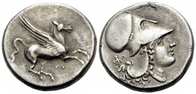 AKARNANIA. Leukas. Circa 350-320 BC. Stater (Silver, 20 mm, 8.59 g, 1 h). Pegasus flying right with straight wings; below, Λ. Rev. Head of Athena to r...