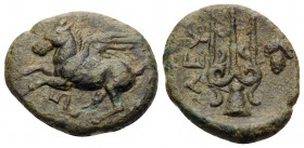 AKARNANIA. Leukas. Circa 300-200 BC. (Bronze, 13.5 mm, 1.14 g, 10 h). Pegasos flying vigorously to left, with straight wings; IΠ below. Rev. ΛEY Ornam...