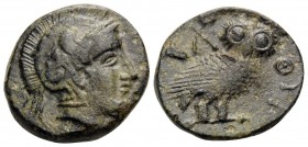 AKARNANIA. Thyrrheion. Circa 300-250 BC. Chalkous (Bronze, 14 mm, 2.99 g, 10 h). Helmeted head of Athena to right, wearing crested Attic helmet. Rev. ...