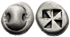 BOEOTIA. Thebes. 525-480 BC. Drachm (Silver, 15.5 mm, 5.71 g). Boeotian shield. Rev. Mill-sail pattern incuse square. BCD Boiotia 328. BMC 1. HGC 4, 1...