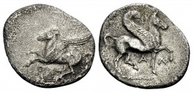 CORINTHIA. Corinth. Circa 400-375 BC. Diobol (Silver, 13.5 mm, 0.77 g, 9 h). Ϙ Pegasos with spread wings flying to left. Rev. A-Λ Pegasos with curved ...