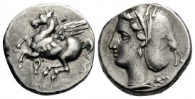CORINTHIA. Corinth. Circa 350-300 BC. Drachm (Silver, 13.5 mm, 2.62 g, 5 h). Ϙ Pegasos flying to left. Rev. Head of Aphrodite to left, her hair in a s...