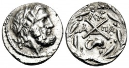 ACHAIA, Achaian League. Patrai. Circa 86 BC. Hemidrachm (Silver, 15 mm, 2.40 g, 6 h). Laureate head of Zeus to right. Rev. Achaian League monogram; ab...