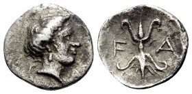 ELIS. Olympia. Circa 350s. Hemiobol (Silver, 9.5 mm, 0.40 g, 6 h). HP-A Head of the eponymous nymph Olympia to right, with her hair in a roll, wearing...