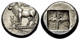 BITHYNIA. Kalchedon. Circa 367/6-340 BC. Drachm (Silver, 13.5 mm, 3.78 g), Rhodian standard. KA[ΛX] Bull standing left on grain ear; to left, kerykeio...