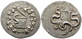 MYSIA. Pergamon. Circa 166-67 BC. Cistophorus (Silver, 30 mm, 12.63 g, 11 h), c. 160-150. Serpent emerging to left from a partially open cista mystica...