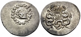 MYSIA. Pergamon. Circa 166-67 BC. Cistophorus (Silver, 28 mm, 12.33 g, 11 h), c. 92-88. Basket (cista mystica) from which snake coils; around, ivy wre...