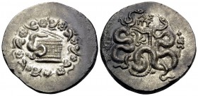MYSIA. Pergamon. Circa 166-67 BC. Cistophorus (Silver, 27 mm, 12.48 g, 12 h), c. 92-88. Basket (cista mystica) from which snake coils; around, ivy wre...