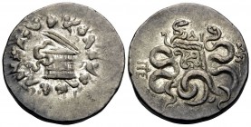 MYSIA. Pergamon. Circa 166-67 BC. Cistophorus (Silver, 27 mm, 12.55 g, 12 h), c. 95-92. Basket (cista mystica) from which snake coils; around, ivy wre...