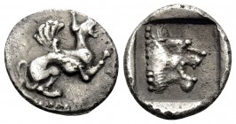 TROAS. Assos. Circa 500-450 BC. Hemiobol (Silver, 10 mm, 0.62 g, 7 h). Griffin with curved wings, springing to right. Rev. Head of lion to right withi...