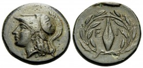 AEOLIS. Elaia. 2nd-1st century BC. Tetrachalkon (Bronze, 19 mm, 6.25 g, 7 h). Helmeted head of Athena to left. Rev. EΛ Grain-corn within laurel wreath...