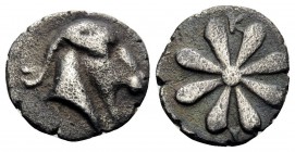 AEOLIS. Kyme. 4th century BC. Obol (Silver, 9 mm, 0.52 g, 10 h). Head of goat to right. Rev. K-Y Rosette. Apparently unpublished but cf. CNG e-auction...