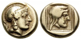 LESBOS. Mytilene. Circa 412-378 BC. Hekte (Electrum, 11 mm, 2.50 g, 4 h). Head of Athena to right, wearing crested Attic helmet. Rev. Head of Pharnaba...