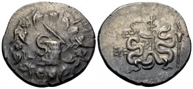 IONIA. Ephesos. Circa 180-67 BC. Cistophorus (Silver, 27 mm, 12.39 g, 12 h), year 45 (ME) = 90-89. Basket (cista mystica) from which snake coils; arou...