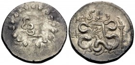 IONIA. Ephesos. Circa 180-67 BC. Cistophorus (Silver, 27 mm, 12.72 g, 11 h), year 46 (MC) = 89-88. Basket (cista mystica) from which snake coils; arou...