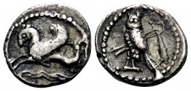 PHOENICIA. Tyre. Circa 357-355 BC. Obol (Silver, 10.5 mm, 0.78 g, 7 h). Hippocamp swimming to left, above two waves. Rev. Owl standing left, head faci...