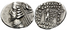 KINGS OF PARTHIA. Phraates IV, circa 38-2 BC. Drachm (Silver, 20 mm, 3.99 g, 1 h), Rhagai. Diademed bust of Phraates to left; behind, eagle left, hold...